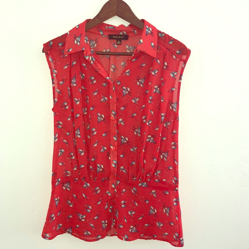 Red Sheer Blouse with Bird Print Sz M